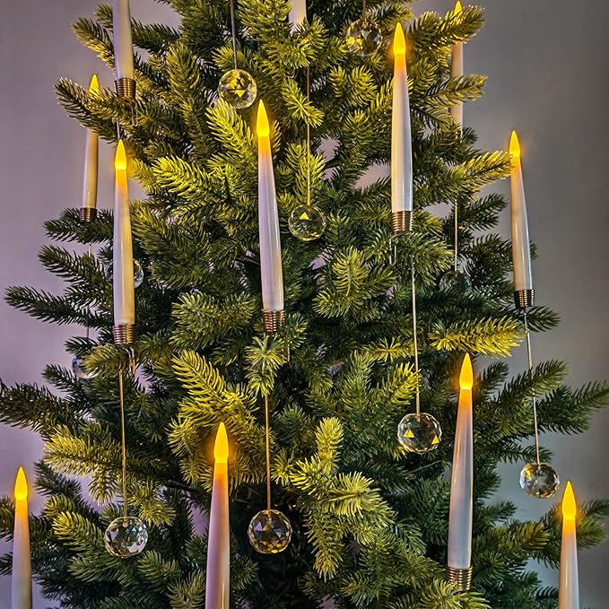 Leejec Christmas Tree Candles with Wand Remote, 10 Pack Battery Operated Flameless Taper Window Candle, Flickering Warm Light, Xmas Tree Decorations with Crystal Ball Hook, Wedding Home Gift