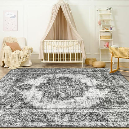 Area Rug 4x6 Vintage Rugs: Washable Indoor Medallion Rug Low Pile Distressed Floor Carpet Retro Accent Rugs for Living Room Bedroom Kitchen Dining Table Home Office(Black, 4'x6')