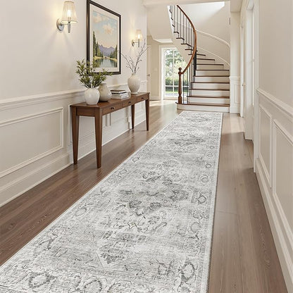 Washable Runner Rug 2.6x10- Non Slip Vintage Hallway Runner Rugs for Kitchen, Stain Resistant Long Carpet for Living Room Entryway Bedroom Laundry Ivory/Gray