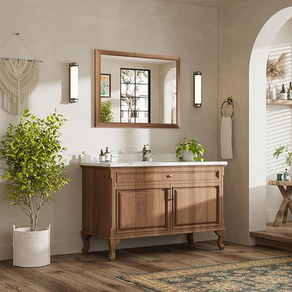 40x30 Inch Bathroom Mirror for Wall, Anti-Rust Walnut Wood Grain Metal Framed Bathroom Mirrors for Over Sink,Rectangler Mirrors for Bathroom Vanity, Farmhouse, Bedroom, Living Room, Entryway Decor
