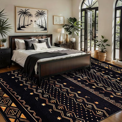 SERISSA 5x7 Area Rugs for Living Room, Washable Non-Slip Black and Gold Boho Rug, Soft Low-Pile Geometric Indoor Large Carpet for Dining Room Bedroom Home Office Playroom