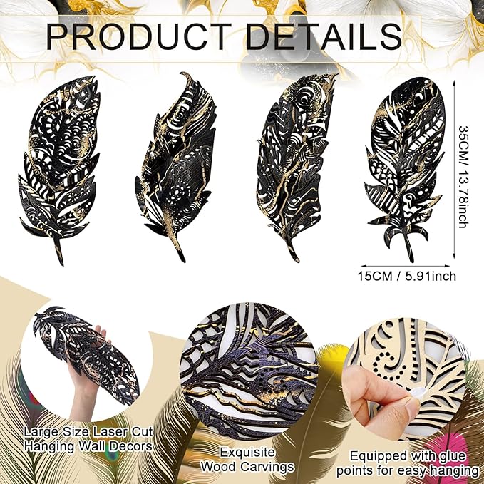 Qunclay 4 Pieces Feather Wall Decor Wooden Feather Wall Art Boho Wall Decor Laser Cut Hanging Mandala Large Rustic Farmhouse Wood Sign for Home Living Room Bedroom Bathroom Kitchen(Black, Gold)