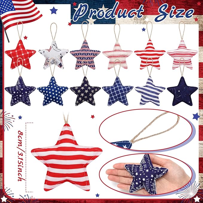 Soulchen 12 Pcs 4th of July Patriotic Ornaments Red Blue White Fabric Star Hanging Ornament Stuffed Stripe Check Star Memorial Day Tree Decoration for 250th Anniversary Independence Veterans Day Decor