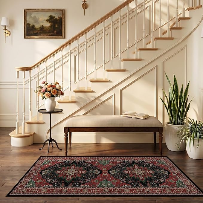RELEANY Area Rugs 2'6"x5' Runner Rug Non Slip Washable for Kitchen Hallway Bedroom Beside Laundry Room Bathroom Rug, Floor Carpet, Red Black