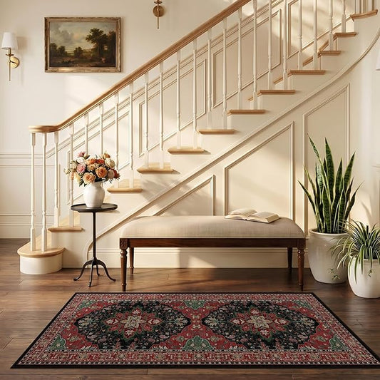 RELEANY Area Rugs 2'6"x5' Runner Rug Non Slip Washable for Kitchen Hallway Bedroom Beside Laundry Room Bathroom Rug, Floor Carpet, Red Black