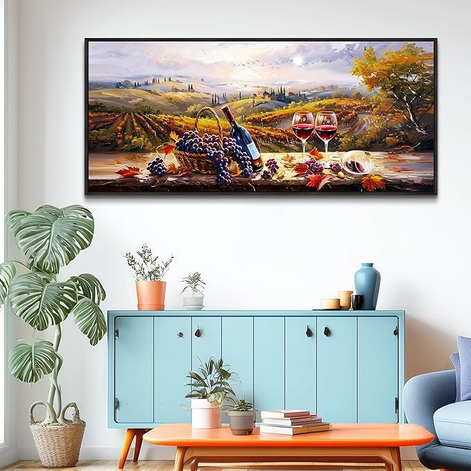 hyidecorart Large Framed Wall Art,Wine Farm View Kitchen Art Prints, French Country Still Life Picture, Fruit Harvest Art Prints, Rustic Dining Room Wall Decor, Restaurant Home Bar Decoration 32x72 In
