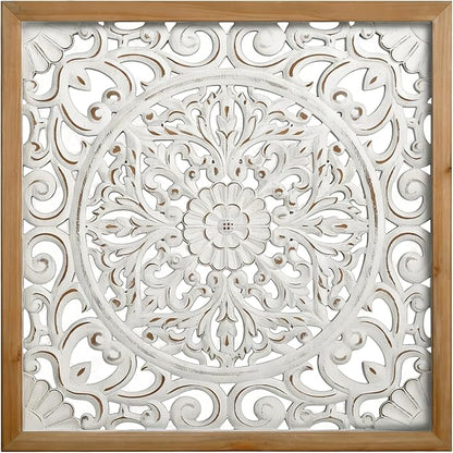 XIAOAIKA Boho Carved Wood Wall Sculpture, Intricate Floral Mandala Design with Distressed White Finish, Vintage Farmhouse Wall Art Panel with Solid Wood Frame for Bedroom Entryway (22.5" x 22.5")
