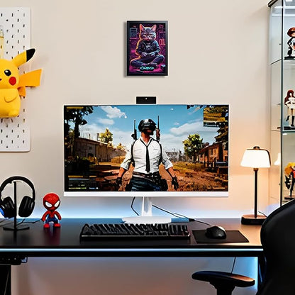 Framed Gamer Cat Canvas Wall Art, Kitten Playing Video Game Wall Decor, Cool Controller Neon Oil Painting, Boys Bedroom Gaming Room Canvas Print Poster 8x10 Inch