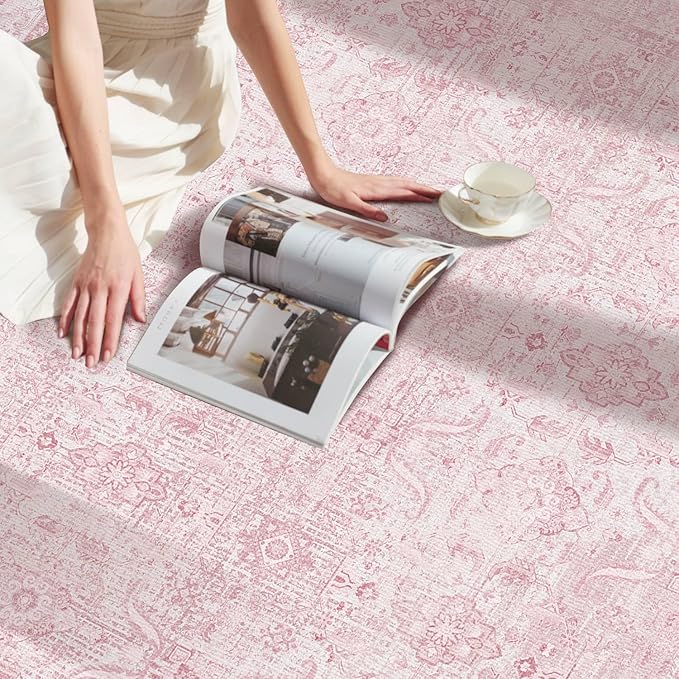 Rugxara 4x6 Rug for Living Room Bedroom, Pink Washable Throw Rugs, Vintage Retro Boho Area Rugs, Non Slip & Low Pile Accent Carpet for Indoor Nursery Room, Dining Room, Kids Girls Room