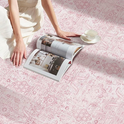 Rugxara 8x10 Area Rugs for Living Room Bedroom,Pink Large Washable Neutral Rug, Vintage Floral Retro Boho Non Slip & Low Pile Carpet for Indoor Dining Room, Classroom, Dorm, Nursery and Kids Room