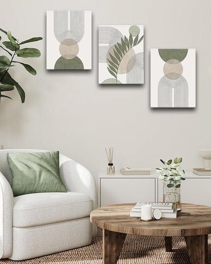 30x40CM Sage Green Boho Wall Art,Framed Canvas Bathroom Wall Art Pictures, Mid-Century Modern Wood Framed Abstract Prints for Bedroom,Minimalist Office Wall Decor 3Pack