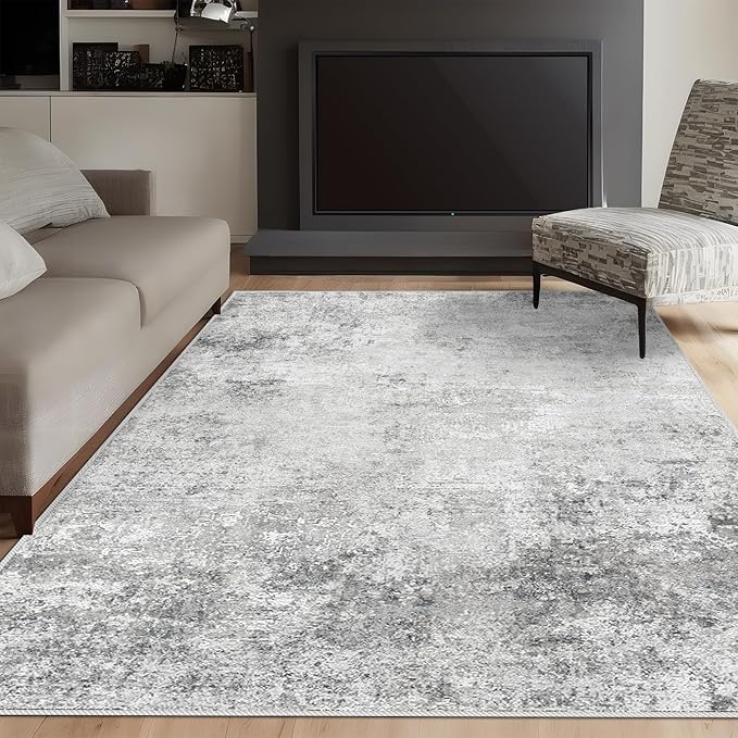 Washable 5x7 Abstract Area Rug - Modern Non Slip Stain Resistant Area Rugs for Living Room Bedroom Nursery - Neutral Thin Low-Pile Indoor Carpet Soft Floor Mat for Boho Room Decor (5X7 Grey)