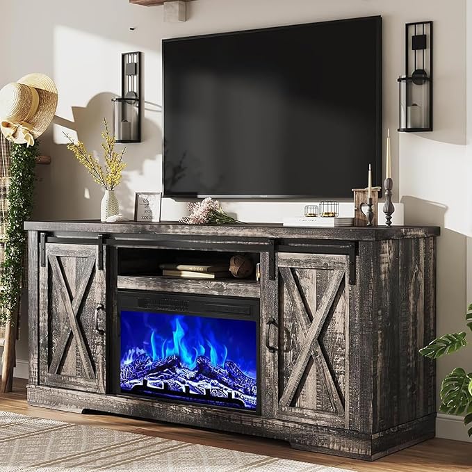 AMERLIFE Fireplace TV Stand with Sliding Barn Door for TVs up to 73", Farmhouse 63" Fireplace Entertainment Center with Storage Cabinets/Adjustable Shelves, Dark Rustic Oak