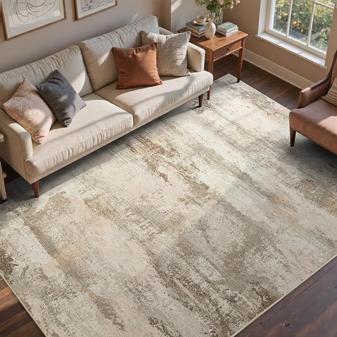 4x6 Ft Abstract Area Rugs for Living Room, Soft Non-Slip Modern Washable Rugs Print Pattern Carpet for Bedroom Indoor Floor Nursery Home Decor (Pink-Brown/Light tan)