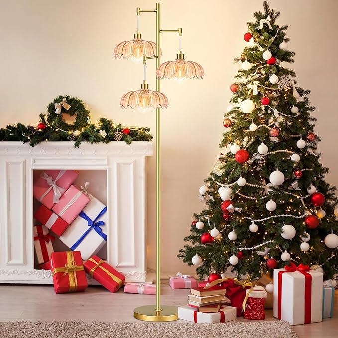 AHDWDW Gold Floor Lamp for Living Room Bedroom,Modern Floor Lamps with Unique Amber Glass Shades,68IN Mid Century Tall Flower Standing Lamp,Vintage 3 Lights Tree Floor Lamp for Corner Office Reading