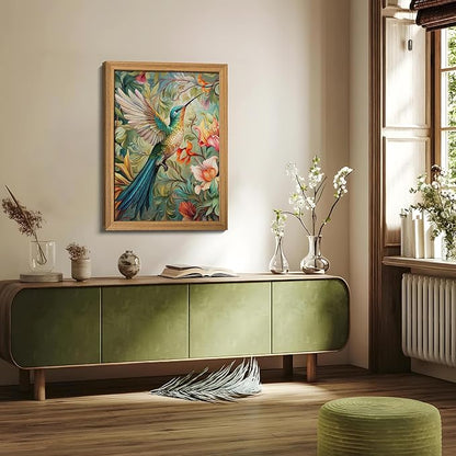 Framed Vintage 3D Textured Wall Art - Colorful Hummingbird Floral Wall Decor - Hand Painted Sandstone Nature Botanical Picture for Living Room Bedroom Home Decor 12x16 inch