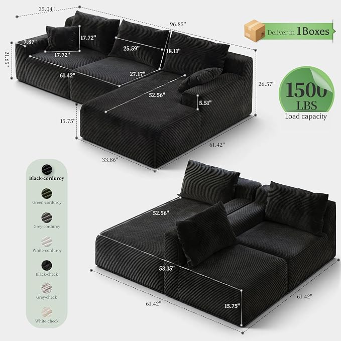Homkdom L-Shaped Cloud Boneless Couch with Deep Seat, Modular Sectional Sofa with Oversized Chaise, 6 Layouts Combination for Living Room, Apartment, No Assembly Required (Black, Right Facing Chaise)