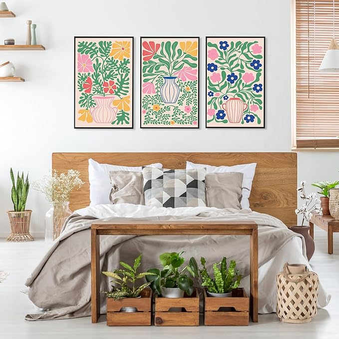 CHDITB Matisse Flowers Vase Framed Canvas Wall Art(16"x24"), 3 Panels Colorful Boho Florals Botanical Plants Artwork Printings, Large Scandinavian Gallery Decor Painting for Bedroom Dining Room Office
