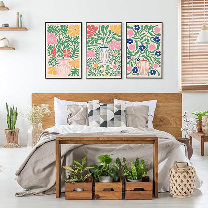 CHDITB Matisse Flowers Vase Framed Canvas Wall Art(16"x24"), 3 Panels Colorful Boho Florals Botanical Plants Artwork Printings, Large Scandinavian Gallery Decor Painting for Bedroom Dining Room Office