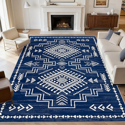 Joydeco Moroccan Rug 8x10 for Living Room, Navy Blue Washable Area Rugs for Bedroom, Low Pile Western Modern Carpet for Dining Room Table, Distressed Aztec Soft Carpet for Office Home Decor