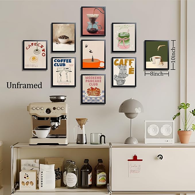 XYHYRA Coffee Wall Art Set of 9, Vintage Coffee Bar Canvas Prints Poster, Cafe Club Matcha Latte Pancake Kitchen Artwork Wall Decor for Coffee Bar Dining Room Home Decor 8x10 Inch Unframed