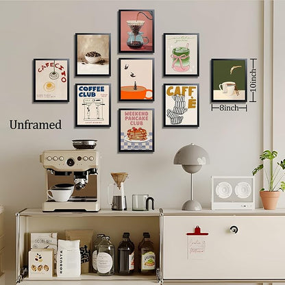 XYHYRA Coffee Wall Art Set of 9, Vintage Coffee Bar Canvas Prints Poster, Cafe Club Matcha Latte Pancake Kitchen Artwork Wall Decor for Coffee Bar Dining Room Home Decor 8x10 Inch Unframed