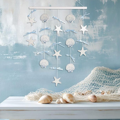 pechpell Beach Seashell Wall Hanging Decor, Ocean Nursery Themed Coastal Wall Art 29"x15" Wooden Shells Starfish Decor with Blue Bow for Beachy Room Bathroom Bedroom Office Farmhouse Home Decorations