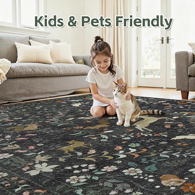 5x7 Area Rugs Washable Rug: Lagre Boho Living Room Rug Soft Non-Slip Thin Carpet Indoor Floor Non-Shedding Neutral Floral Carpets for Bedroom Dining Room Farmhouse Nursery Black