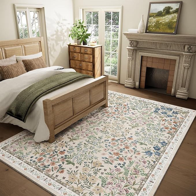 Machine Washable Rugs for Living Room: 8x10 Area Rugs for Bedroom Floral Non Slip Low Pile Soft Stain Resistant Carpet for Kitchen Dining Room Farmhouse Kids Room Nursery Indoor