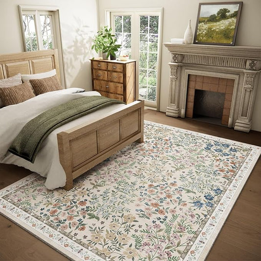 Machine Washable Rugs for Living Room: 8x10 Area Rugs for Bedroom Floral Non Slip Low Pile Soft Stain Resistant Carpet for Kitchen Dining Room Farmhouse Kids Room Nursery Indoor