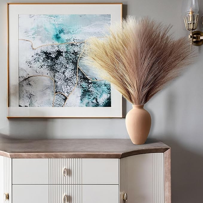 Pampas Grass Decor, Fluffy Faux Pampas Grass 6 Stem 18"/45cm Pompous Grass Small Flower Arrangement and Vase Filler for Boho Home Wedding Decoration