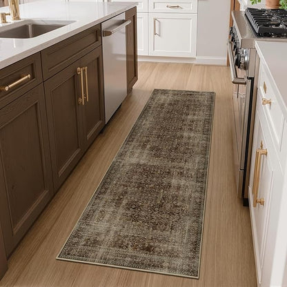 Brown Coffee Hallway Runner Rug 2x6, Dark Earth Tone Kitchen Runners Non Skid Washable 6ft, Aesthetic Distressed Carpet Floor Runners for Entryway Indoor Bedroom Bathroom, Vintage Warm Brown