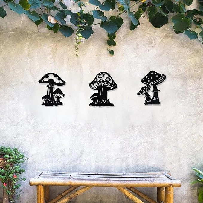 QZGXDECO Metal Mushroom Wall Decor - 3 Pack 9 inches Mushroom Wall Art Decor Hanging Decoration for Indoor Outdoor,Metal Plant Art Sculpture for Home Garden Fence Kitchen Bedroom Bathroom Living Room