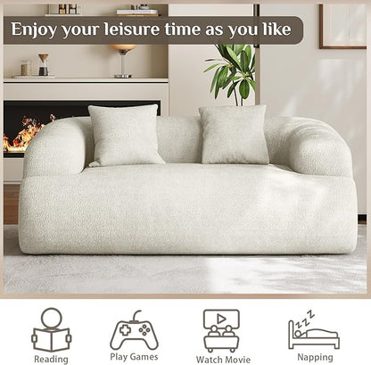 75" Boneless Cloud Loveseat, Modern Cute Curved Chenille Sofa, 2 Seater Compression Couch with 2 Pillows, No Assembly Required for Apartment Living Room, Beige White