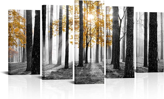 Visual Art Decor Large 5 Pieces Forest Landscape Wall Art Yellow and Gray Forest Wall Art Sunshine Foggy Forest Picture Framed Artwork Ready to Hang, 60inchx32inch