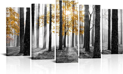 Visual Art Decor Large 5 Pieces Forest Landscape Wall Art Yellow and Gray Forest Wall Art Sunshine Foggy Forest Picture Framed Artwork Ready to Hang, 60inchx32inch