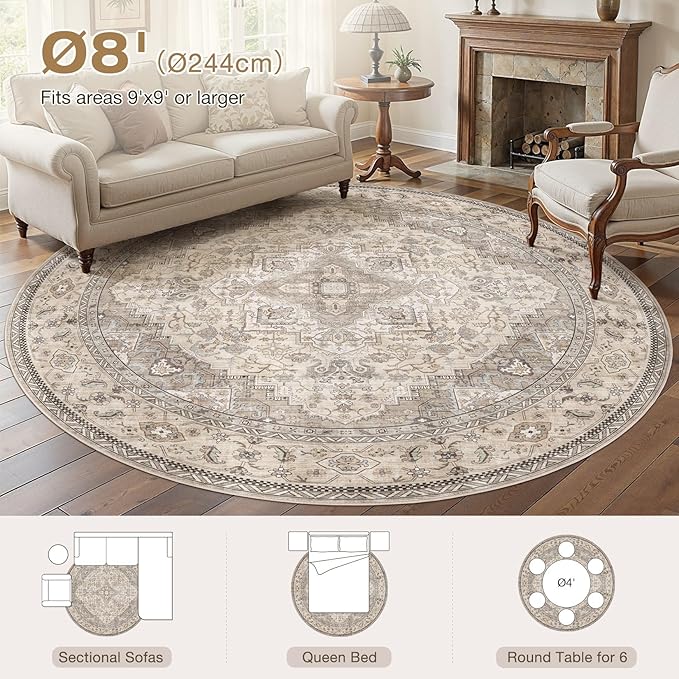 EIEIHOUSE 8ft Round Rugs for Living Room - Washable Neutral Vintage Distressed Farmhouse Large Soft Floor Area Rug Indoor Carpet for Bedroom Dining Room Office - Brown/Multi