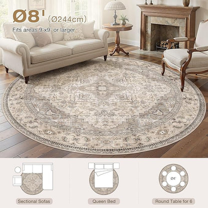EIEIHOUSE 8ft Round Rugs for Living Room - Washable Neutral Vintage Distressed Farmhouse Large Soft Floor Area Rug Indoor Carpet for Bedroom Dining Room Office - Brown/Multi