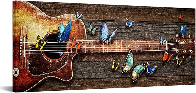sechars Acoustic Guitar Wall Art Guitar with Butterflies Painting Canvas Print Vintage Music Room Decor Large 20"x48"