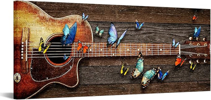 sechars Acoustic Guitar Wall Art Guitar with Butterflies Painting Canvas Print Vintage Music Room Decor Large 20"x48"