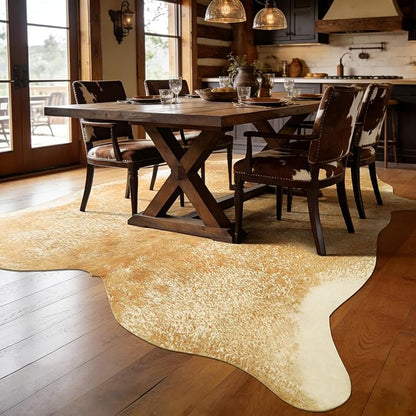 Cowhide Rug for Living Room, Washable Cow Hide Rug, Large Faux Animal Skin Rugs, Non-Slip Cow Print Area Rugs, 8x10Ft Large Cowhide Rugs for Bedroom Office Kitchen Fireplace, Khaki