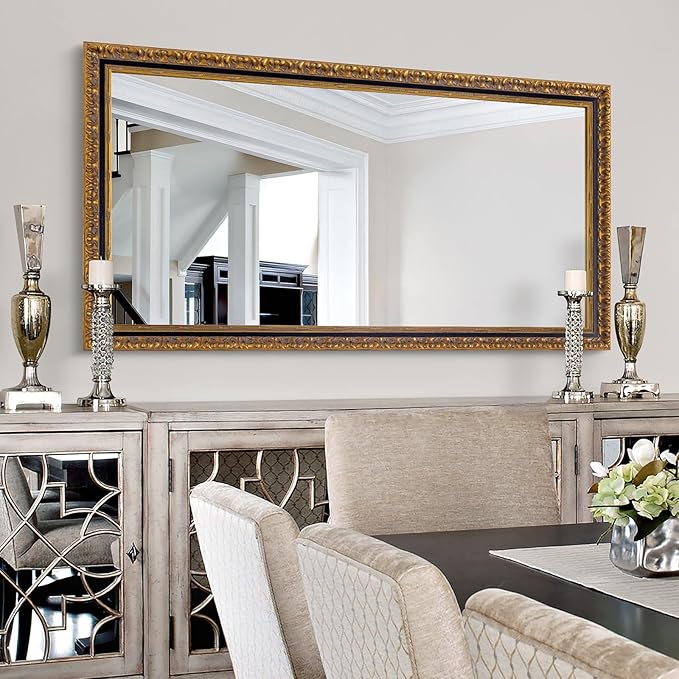Chende Large Gold Mirror for Wall, 52''x28'' Decorative Wall Mirror with Ornate Carvings Wood Frame, Rectangle Vintage Mirror for Dining Room, Entryway, Bathroom, Living Room