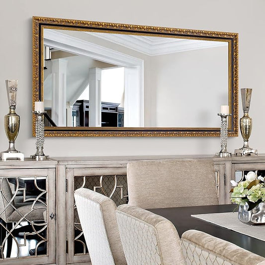 Chende Large Gold Mirror for Wall, 52''x28'' Decorative Wall Mirror with Ornate Carvings Wood Frame, Rectangle Vintage Mirror for Dining Room, Entryway, Bathroom, Living Room