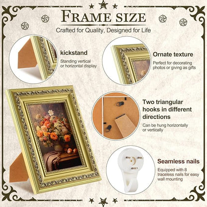 Novabright 8 Pcs Gold Vintage Picture Frames Gallery Wall Frame Set Antique Collage Photo Decor for Wall Mounting or Tabletop Display Multi Sizes for Gallery Living Room(8x10, 5x7, 4x6)