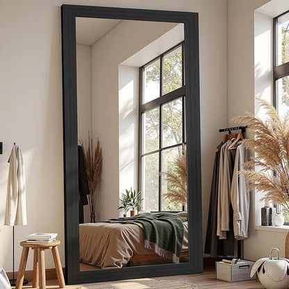 Full Length Mirror, 81"x41" Wooden Mirror Full Length with Stand Wood Floor Mirror, Oversized Stand Up Mirrors Large Wall Mirrors, Wall Mounted Mirrors, Rect Wood Style, Black