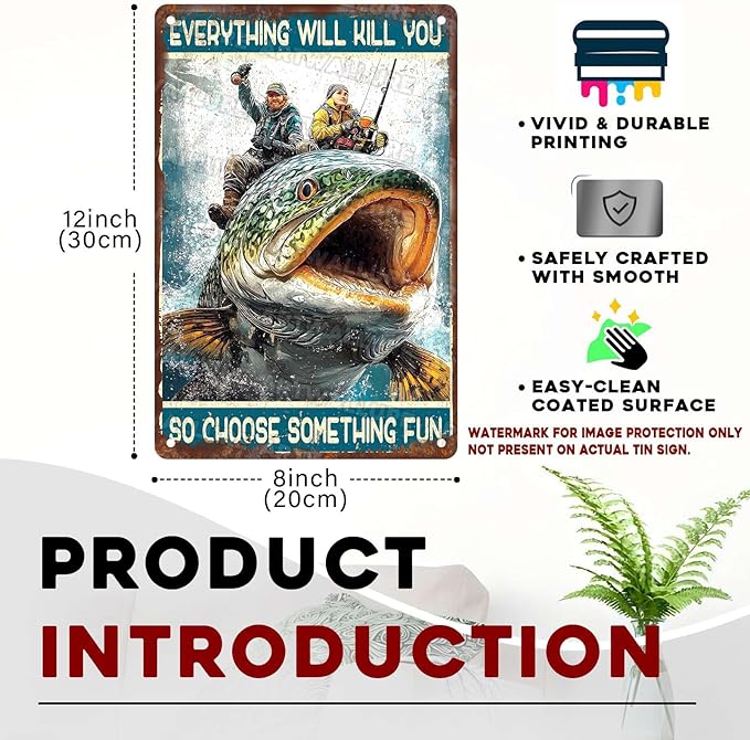Rutro Metal Sign Atlantic Wolf Fish everything will kill you so choose something fun Novelty Tin Poster Home Kitchen Bathroom Aluminium Sign Art Wall Decor 8x12Inch