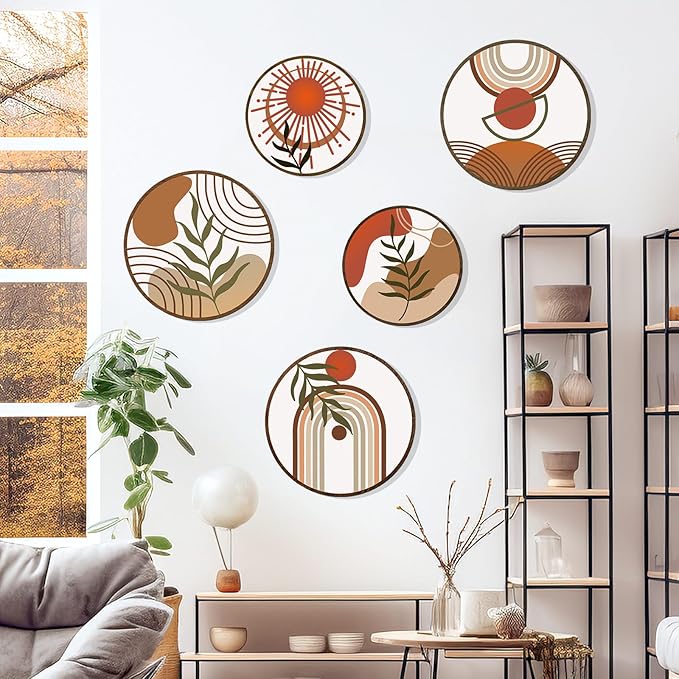Zzbakress 5 Pcs Boho Wall Decor Farmhouse Wooden Round Bathroom Decor Vintage Boho Wall Decor Modern Aesthetic Minimalist Wooden Wall Art for Bedroom Office (Fresh, 5)