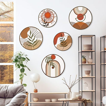 Zzbakress 5 Pcs Boho Wall Decor Farmhouse Wooden Round Bathroom Decor Vintage Boho Wall Decor Modern Aesthetic Minimalist Wooden Wall Art for Bedroom Office (Fresh, 5)