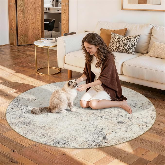Large Round Rug 8ft: Neutral Round Area Rugs for Living Room Dining Room Bedroom - Soft Non-Slip Circle Carpet 8' - Modern Abstract Beige