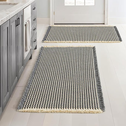 MIULEE Set of 2 Waffle Bathroom Rugs, Boho Bath Rugs Non Slip Washable, Super Absorbent Bath Mats, Ultra Soft Rubber Backed Shower Mats for Bathroom Floor, Tub, Shower, Dark Grey & Yellow, 24x36 Inch